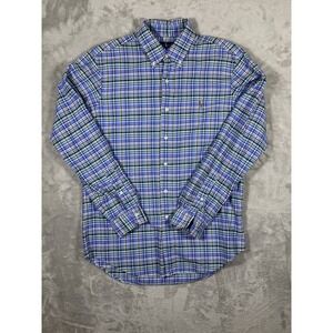 Ralph‎ Lauren Dress Shirt Mens Medium Flesh Pony Office Casual Preppy Plaid Blue